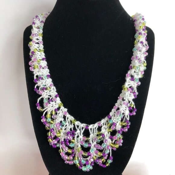 Crochet Yarn Colorful Beaded Bib Necklace White Purple Unique Statement - Picture 1 of 7
